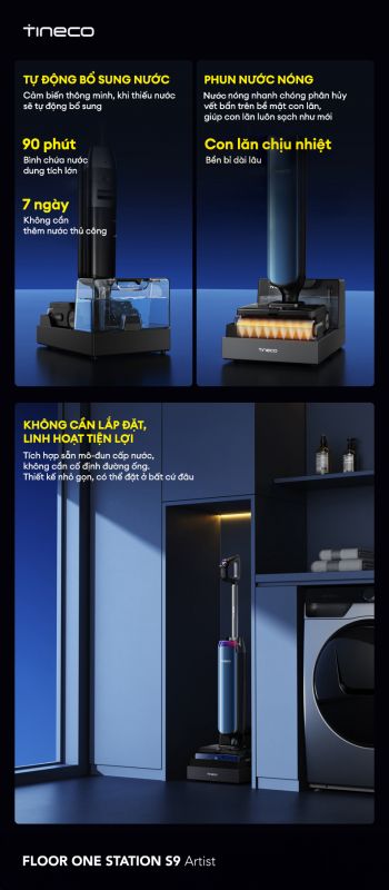 máy hút bụi lau sàn Tineco FLOOR ONE STATION S9 Artist bổ sung nước nóng đầy đủ chỉ một chạm