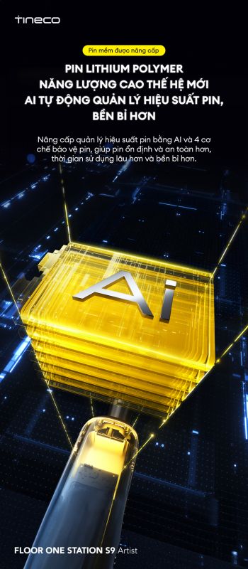 máy hút bụi lau sàn FLOOR ONE STATION S9 Artist trang bị pin Lithium Polymer dạng túi tích hợp trí tuệ nhân tạo AI