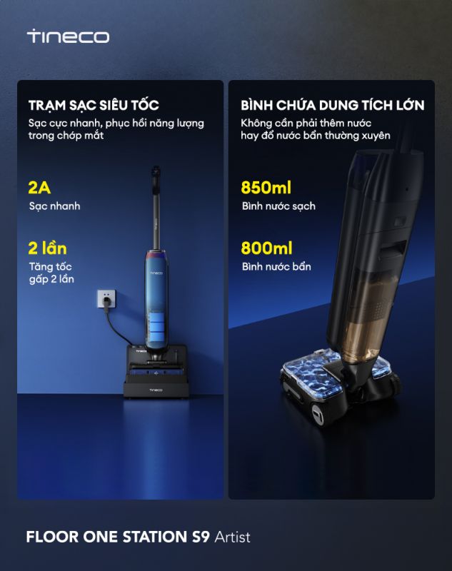 máy hút bụi không dây Tineco FLOOR ONE STATION S9 Artist hoạt động liên tục với trạm sạc siêu tốc
