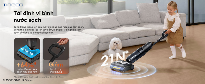 Tineco FLOOR ONE i7 Steam mang đến khả năng di chuyển linh hoạt và lướt đi nhẹ nhàng trên mọi bề mặt sàn. 