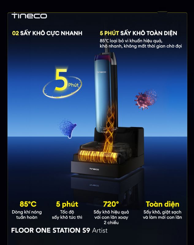 máy hút bụi lau sàn cầm tay Tineco FLOOR ONE STATION S9 Artist sấy khô toàn diện trong 5 phút