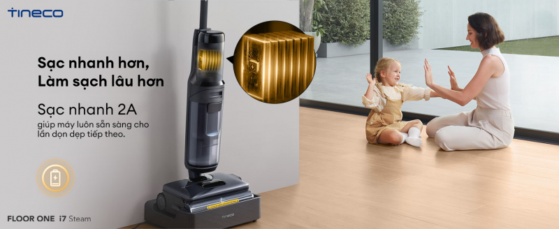 Tineco FLOOR ONE i7 Steam được trang bị công nghệ sạc nhanh 2A tiên tiến, rút ngắn đáng kể thời gian chờ đợi.