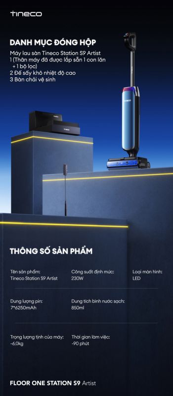 thông số kỹ thuật của máy hút bụi lau sàn khô ướt Tineco FLOOR ONE STATION S9 Artist