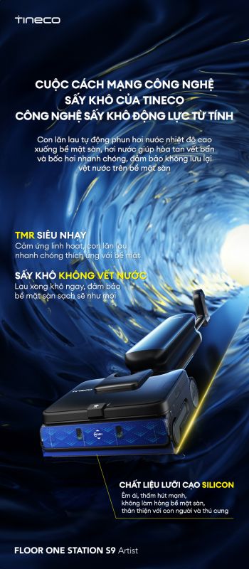 máy hút bụi lau sàn khô ướt Tineco STATION S9 Artist có cảm biến từ tính TMR và công nghệ lưỡi gạt StreakFree
