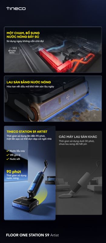 máy hút bụi lau sàn Tineco FLOOR ONE STATION S9 Artist bổ sung nước nóng đầy đủ chỉ một chạm